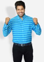 AQUA BLUE LINEN BOLD STRIPED SHIRT For Men-FS-1023 - Image 3