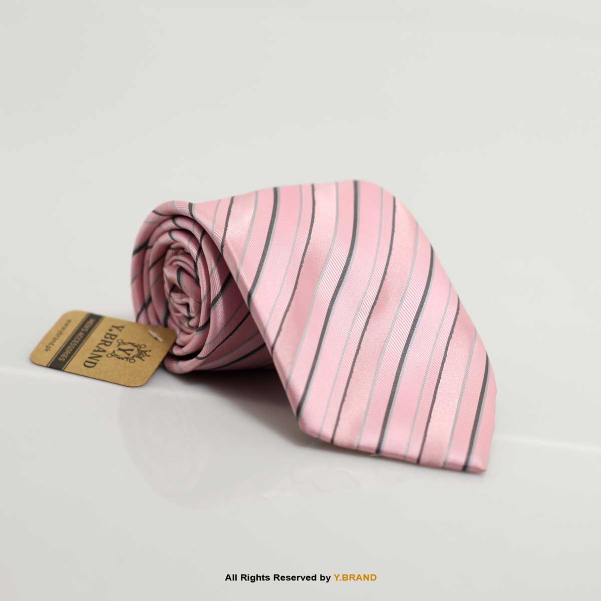 T_075 Retro 9cm Classic Pink Grey Strips Poly Necktie-T-075 - Image 1