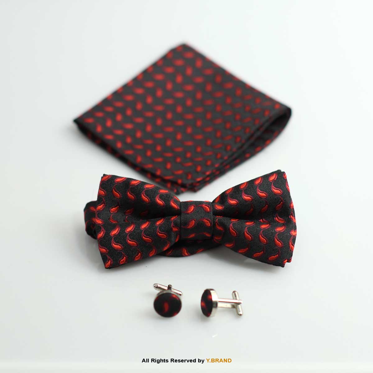f7a95c0f6eacda9d482751d605ef9ed0 Red & Black PATTERN Bow Tie AND CUFFLINK SET-BTS-017 - Image 1