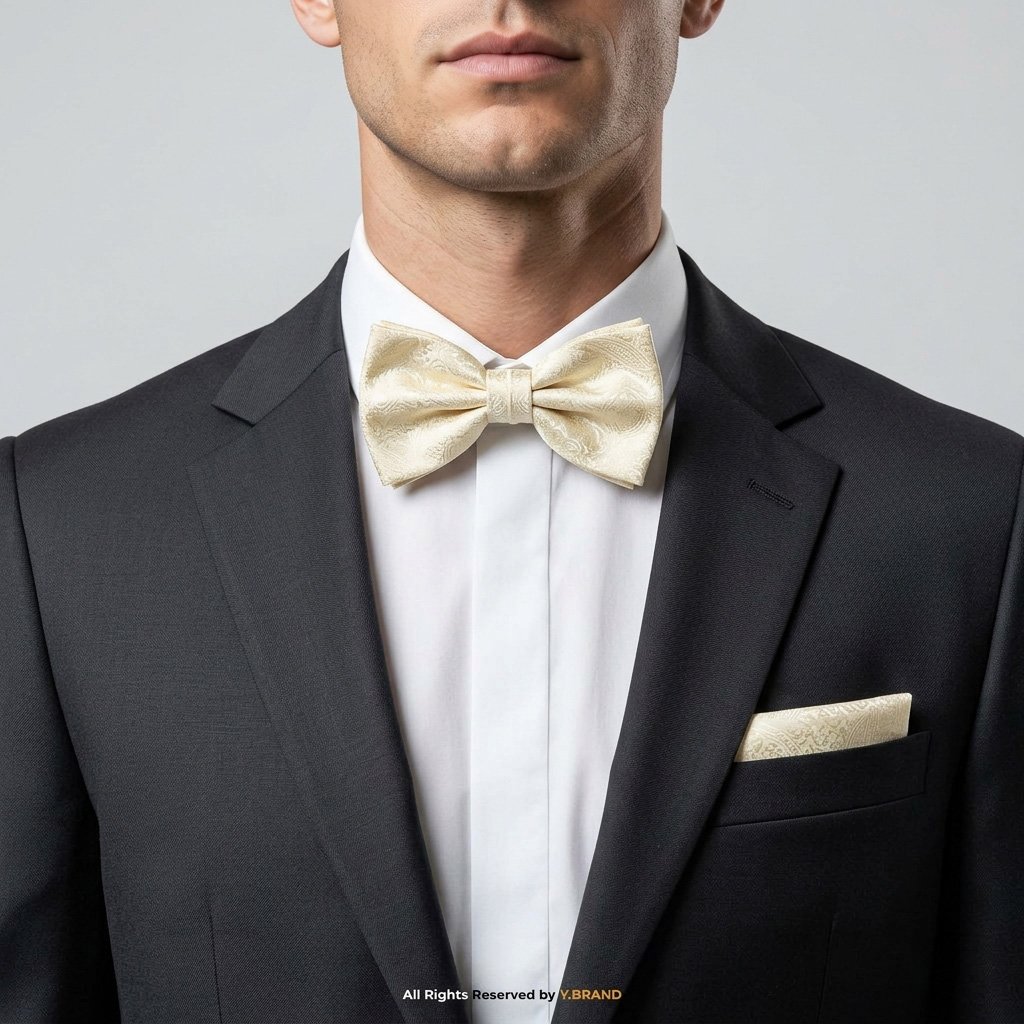 BTS-024b Light Yellow jamawar Bow Tie Set-BTS-024 - Image 1