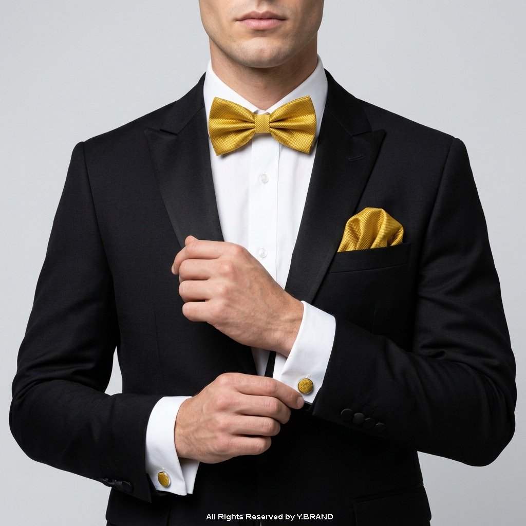 BTS-008c YELLOW GOLD BOW TIE AND CUFFLINK SET-GIFT SET-BTS-008 - Image 1