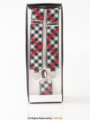 Black, White & Red Check Pattern Three clips Elastic Suspender-SB-1036