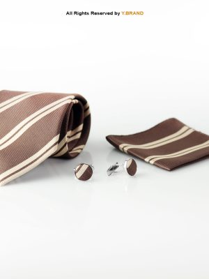 Y.BRAND-Brown Striped Tie and Cufflink Gift Set-TS-1031