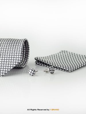 Y.BRAND-Silver Black Micro Pattern Tie and Cufflink Gift Set-TS-1051