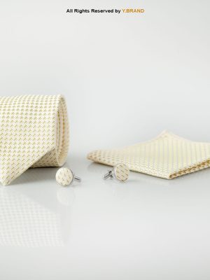 Y.BRAND-Cream Micro Pattern Tie and Cufflink Gift Set-TS-1054