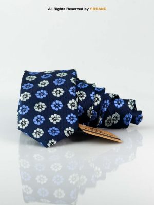 Slim Navy Floral Pattern Poly Necktie T-146