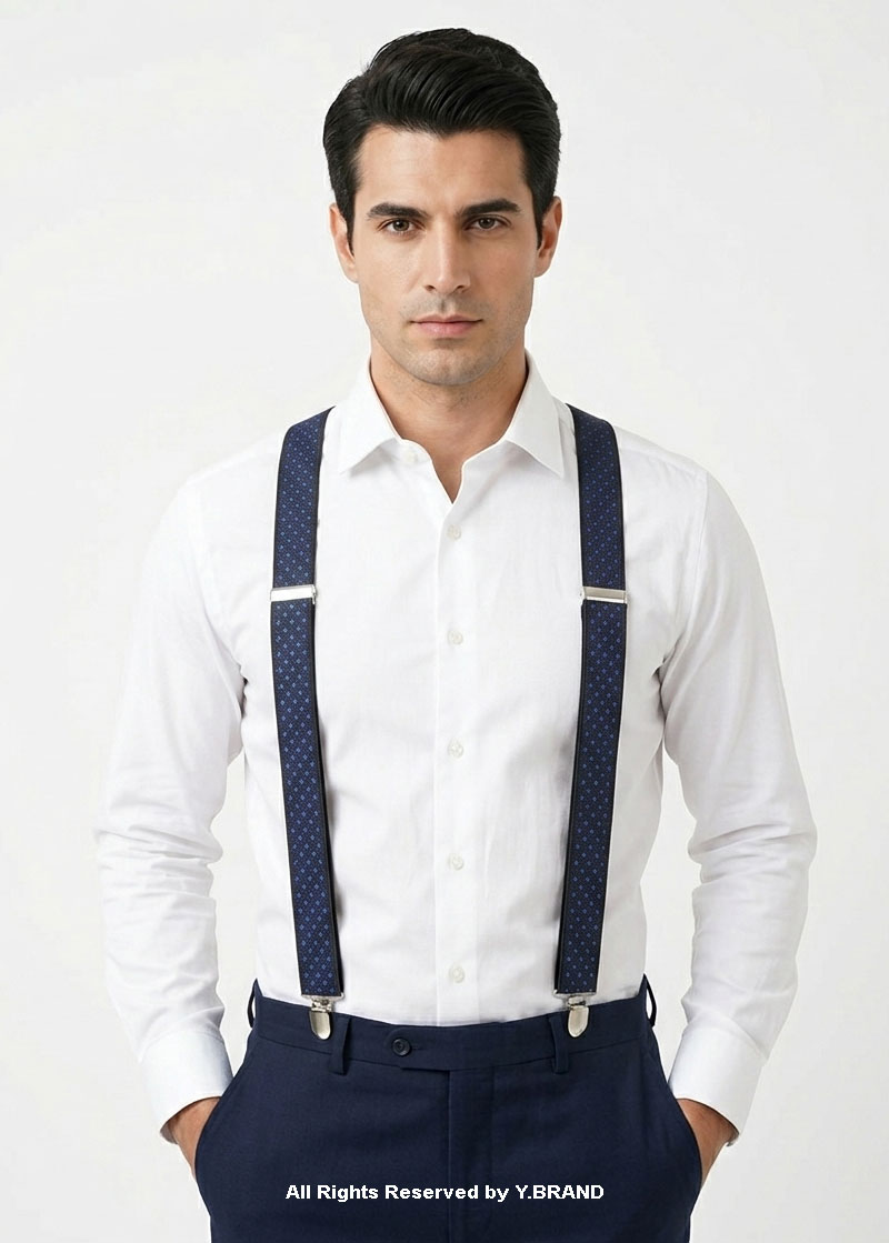 SB-1038b Blue Based Textured Three clips Elastic Suspender-SB-1038 - Image 1