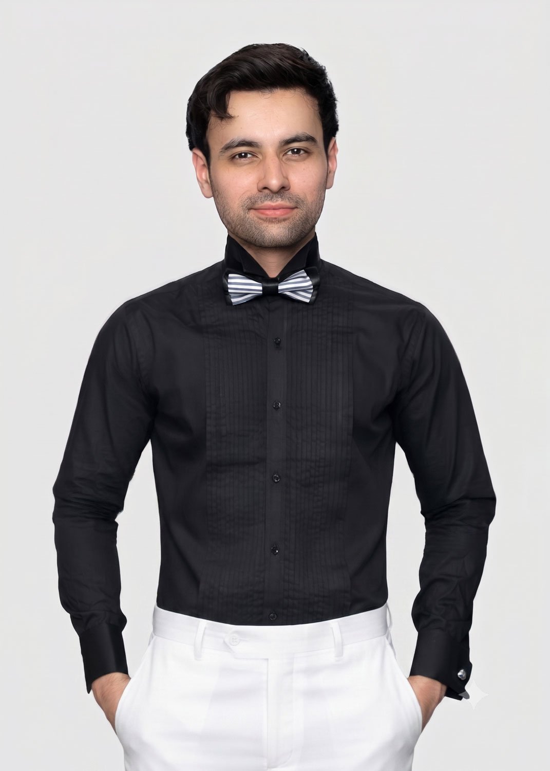 artical-019 Black Tuxedo Wing Collar Pleated Shirt TXDO-1002 - Image 1
