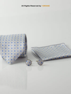 YBRAND-Gray Blue Micro check Tie and Cufflink Gift Set-TS-1061