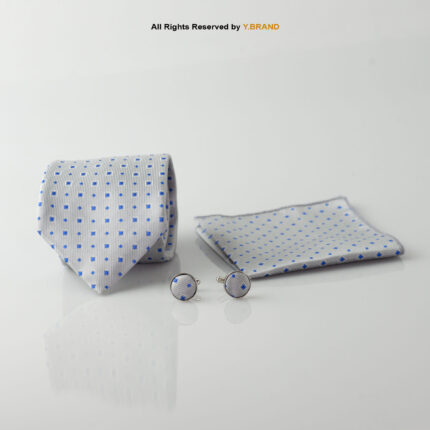 YBRAND-Gray Blue Micro check Tie and Cufflink Gift Set