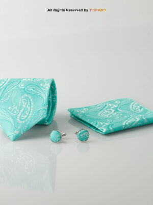YBRAND-TURQUOISE Jamawar Tie and Cufflink Gift Set-TS-1067