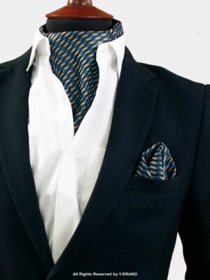 Blue & Beige Zigzag Pattern Cravat Neck Scarf - PREFOLD-NS-1014