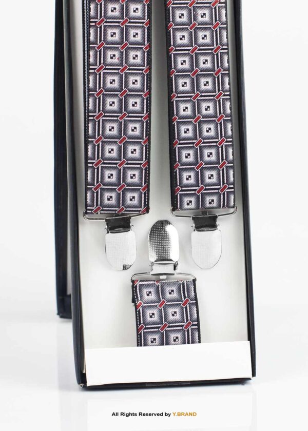 Black, White & Red Check Pattern Three clips Elastic Suspender-SB-1049 2 Black, White & Red Check Pattern Three clips Elastic Suspender-SB-1049