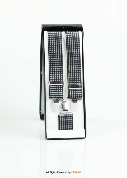 White Micro Check Pattern Three clips Elastic Suspender