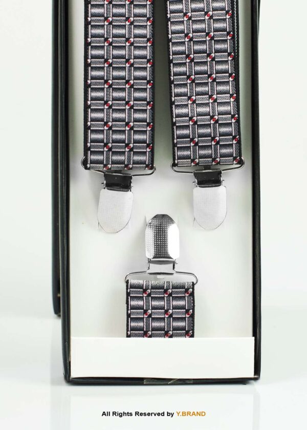 Black, White & Red Check Pattern Three clips Elastic Suspender-SB-1052 2 Black, White & Red Check Pattern Three clips Elastic Suspender-SB-1052