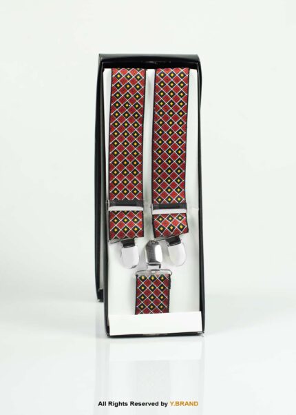 Red, Black & Yellow Check Pattern Three clips Elastic Suspender