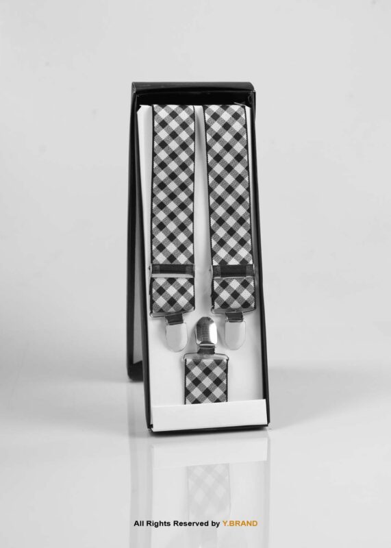 White & Black Check Pattern Three clips Elastic Suspender