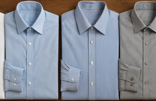Row of folded men’s formal shirts in different colors and patterns on a wooden surface.