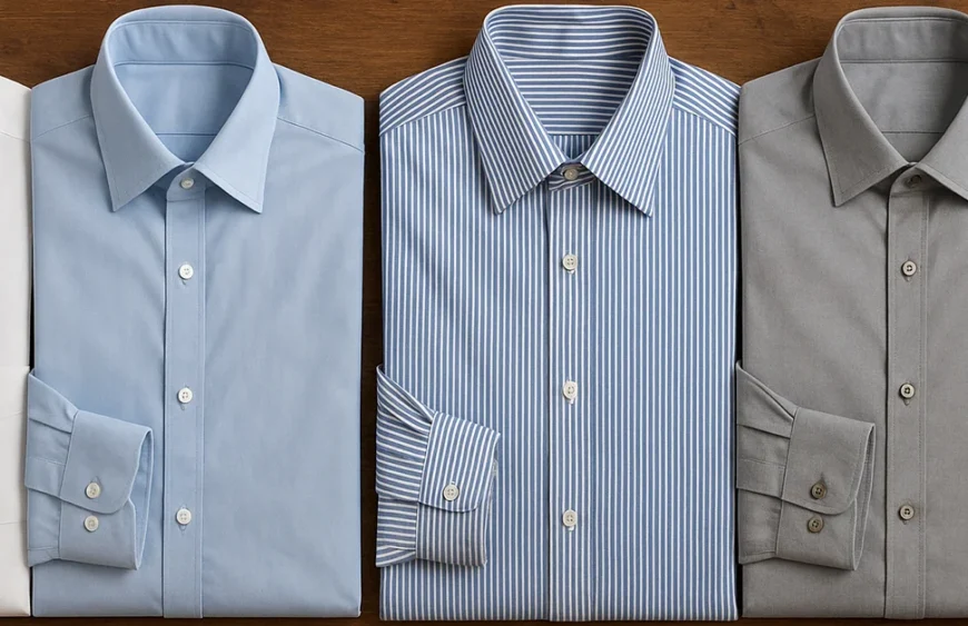 Row of folded men’s formal shirts in different colors and patterns on a wooden surface.