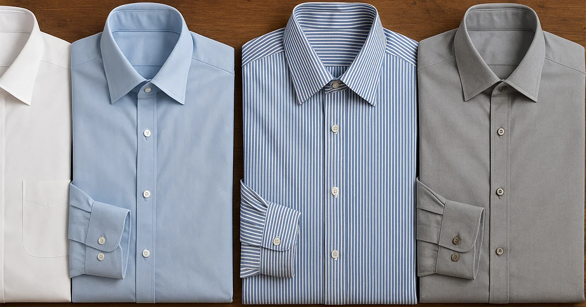 Row of folded men’s formal shirts in different colors and patterns on a wooden surface.
