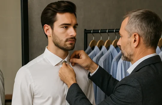 Man getting his formal shirt measured by a tailor in a modern shirt store.