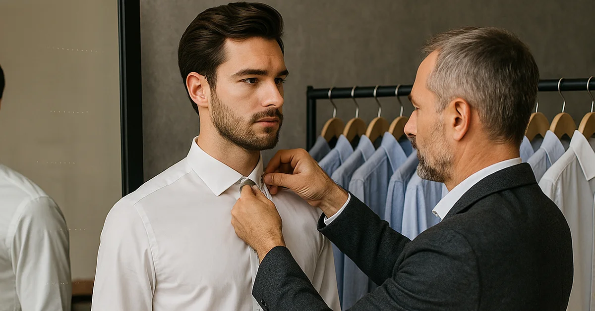 Man getting his formal shirt measured by a tailor in a modern shirt store.