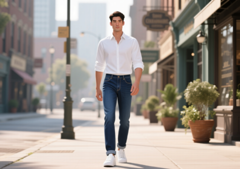 A man in a white shirt and blue jeans walks confidently down a sunny city sidewalk.