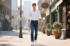 A man in a white shirt and blue jeans walks confidently down a sunny city sidewalk.