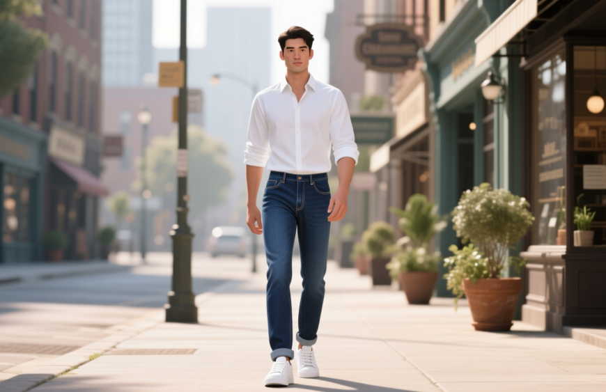 A man in a white shirt and blue jeans walks confidently down a sunny city sidewalk.