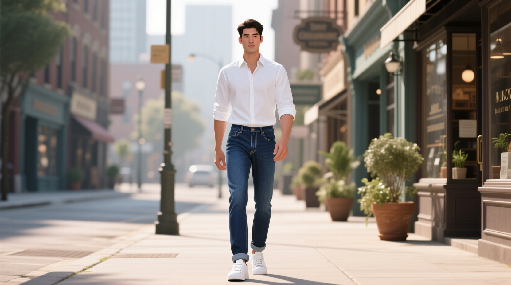 A man in a white shirt and blue jeans walks confidently down a sunny city sidewalk.
