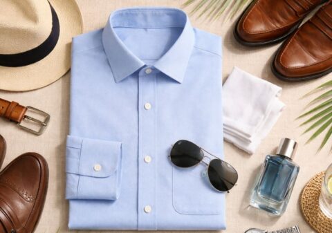 Flat lay of a light blue men’s dress shirt with sunglasses, hat, loafers, belt, watch, cologne and tropical leaves styled for hot, humid weather.