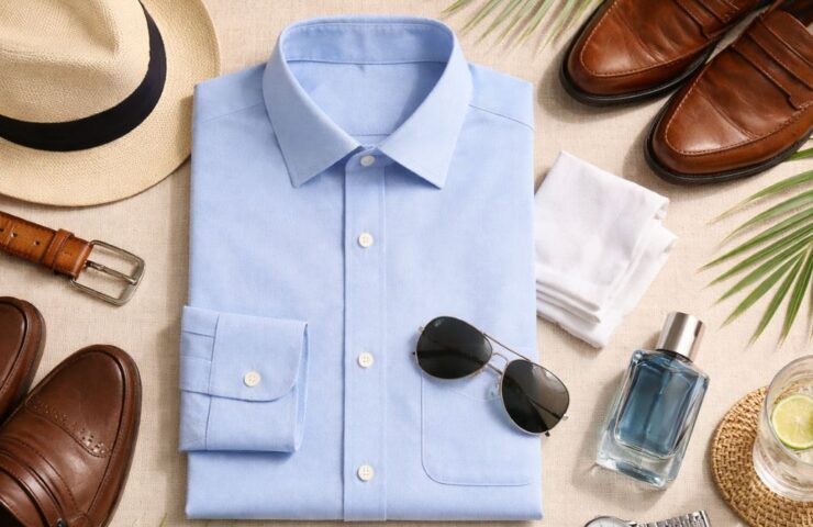 Flat lay of a light blue men’s dress shirt with sunglasses, hat, loafers, belt, watch, cologne and tropical leaves styled for hot, humid weather.