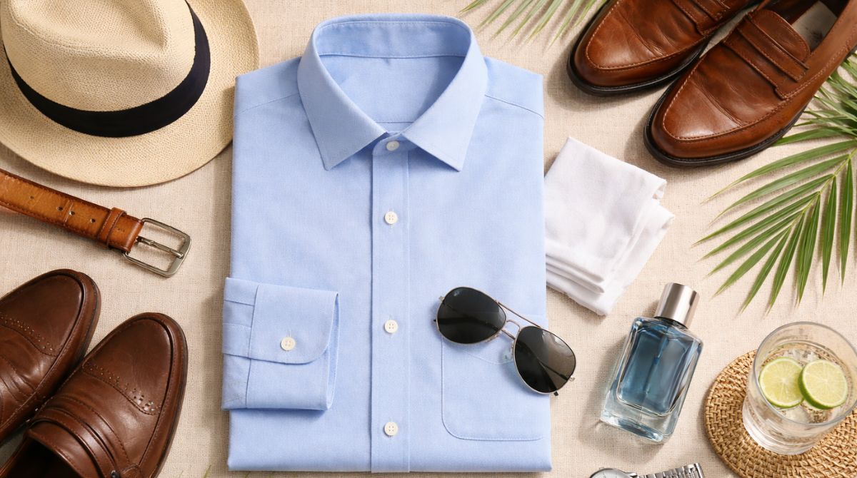 Flat lay of a light blue men’s dress shirt with sunglasses, hat, loafers, belt, watch, cologne and tropical leaves styled for hot, humid weather.