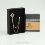 Gold Brooch Blue & Red Square Crystal Double Chain - B-1140 - Image 2