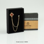 Gold Brooch Blue & Red Square Crystal Double Chain - B-1140