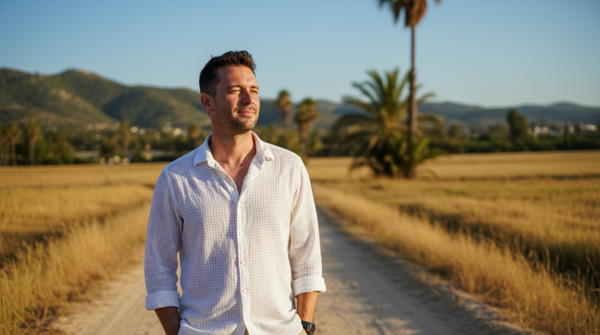 A man wearing a lightweight breathable shirt staying cool outdoors on a hot sunny summer day