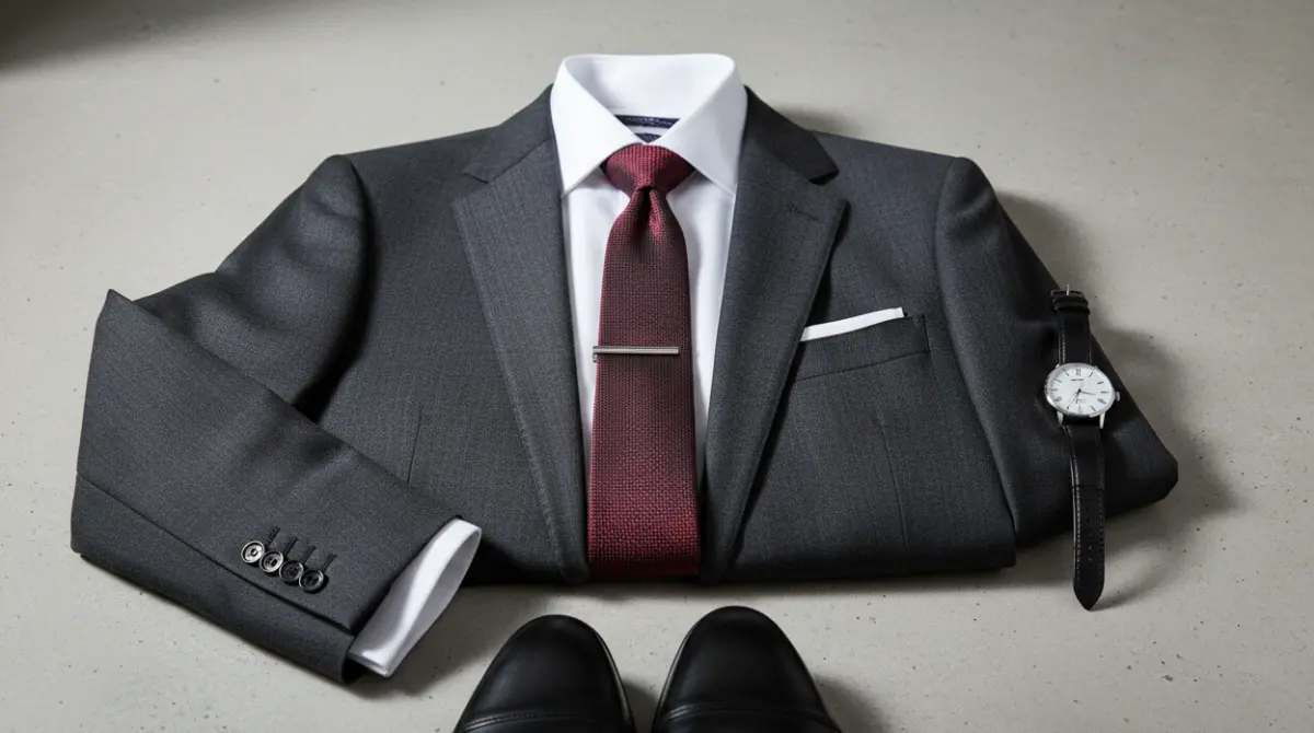 Styled flat lay of a charcoal suit jacket, white dress shirt, burgundy silk tie, silver tie bar, and watch showing a complete formal outfit