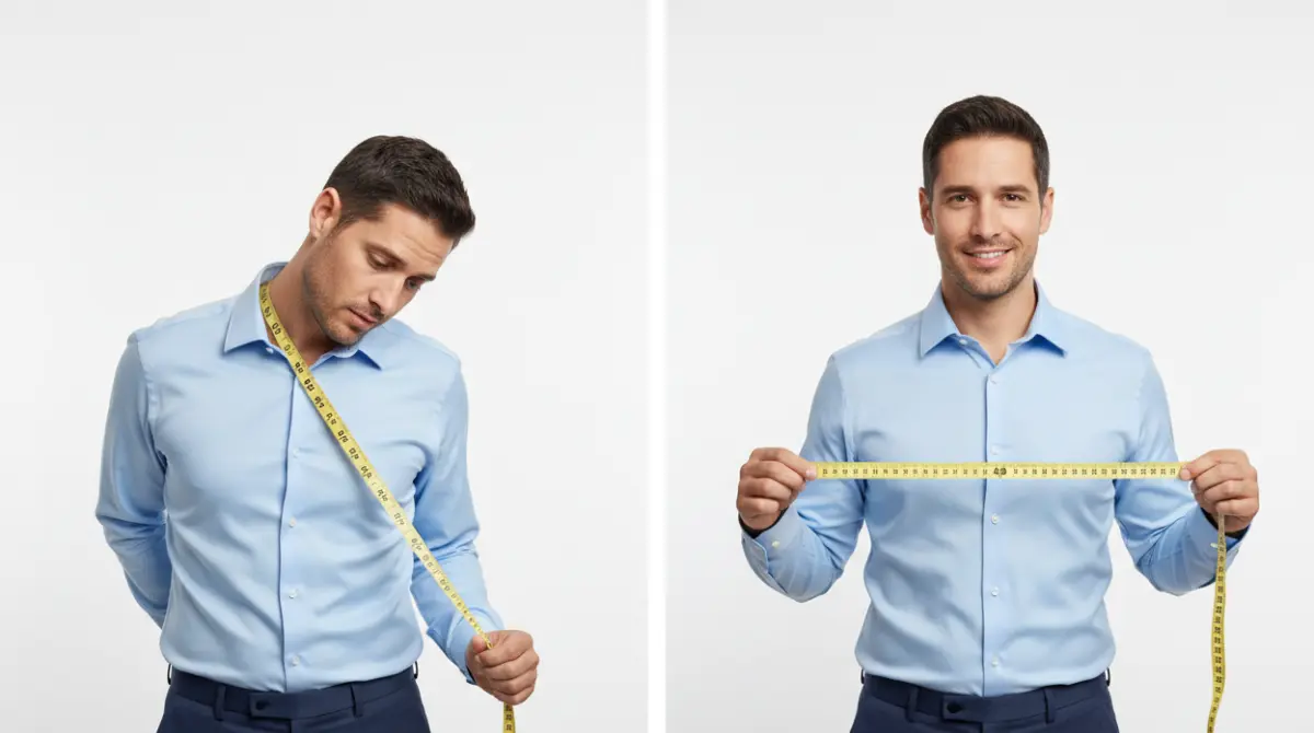 Side-by-side comparison of incorrect and correct body posture and tape placement when measuring for a custom dress shirt