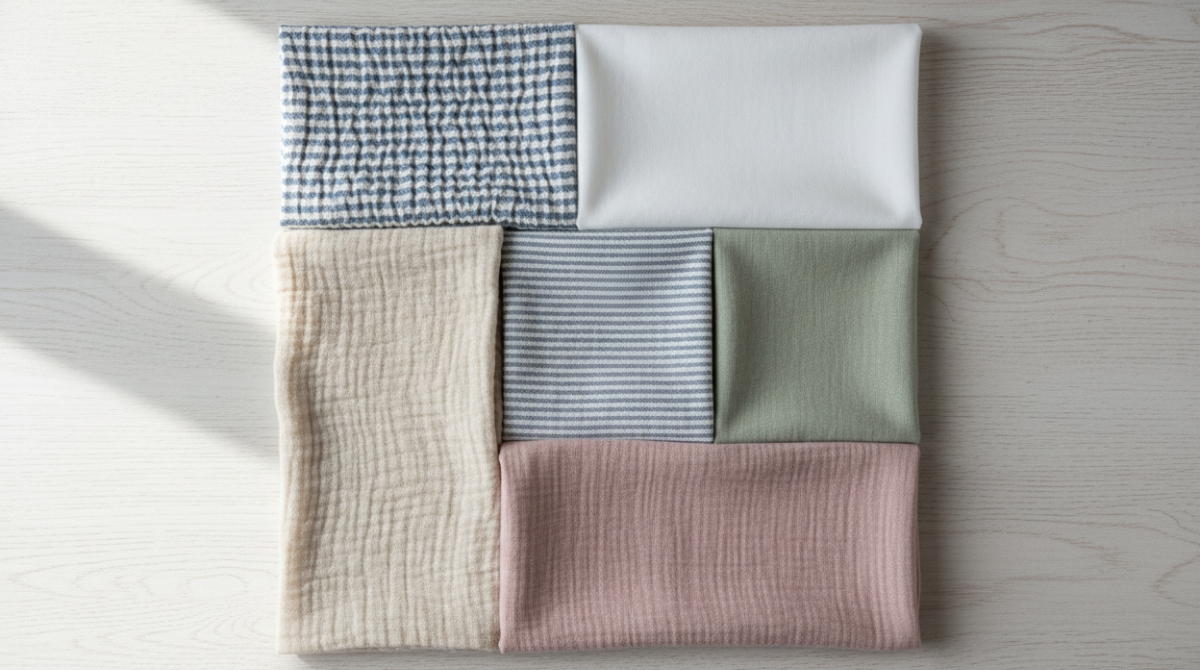 Flat lay of different cotton shirt fabric textures including seersucker, poplin and gauze weaves for hot weather comfort