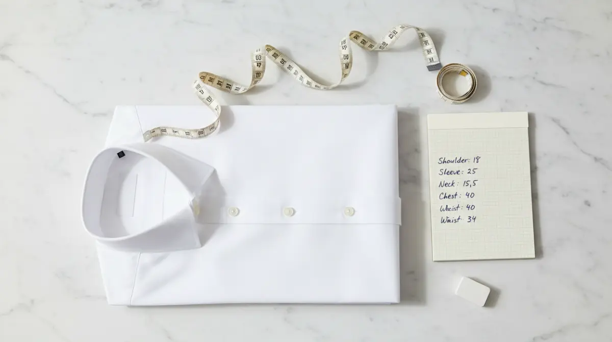 Flat lay of a white dress shirt, cloth measuring tape, and notepad with measurements on a white marble surface