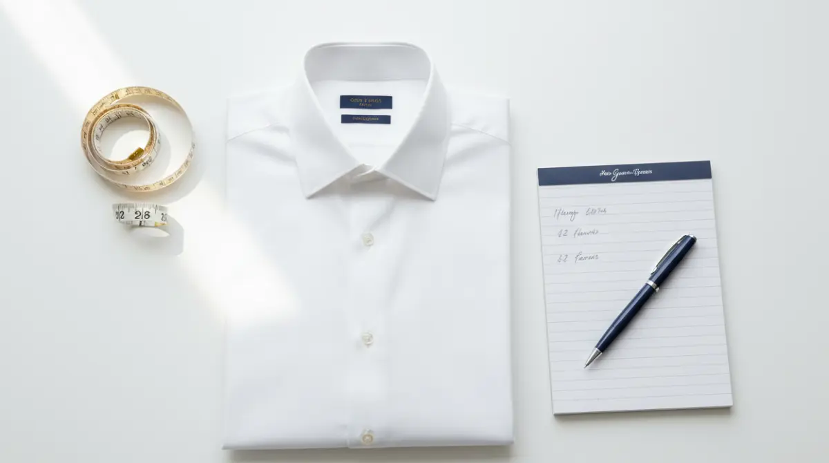  Flat lay of a cloth measuring tape, white dress shirt, and notepad on a white surface for custom shirt measurements