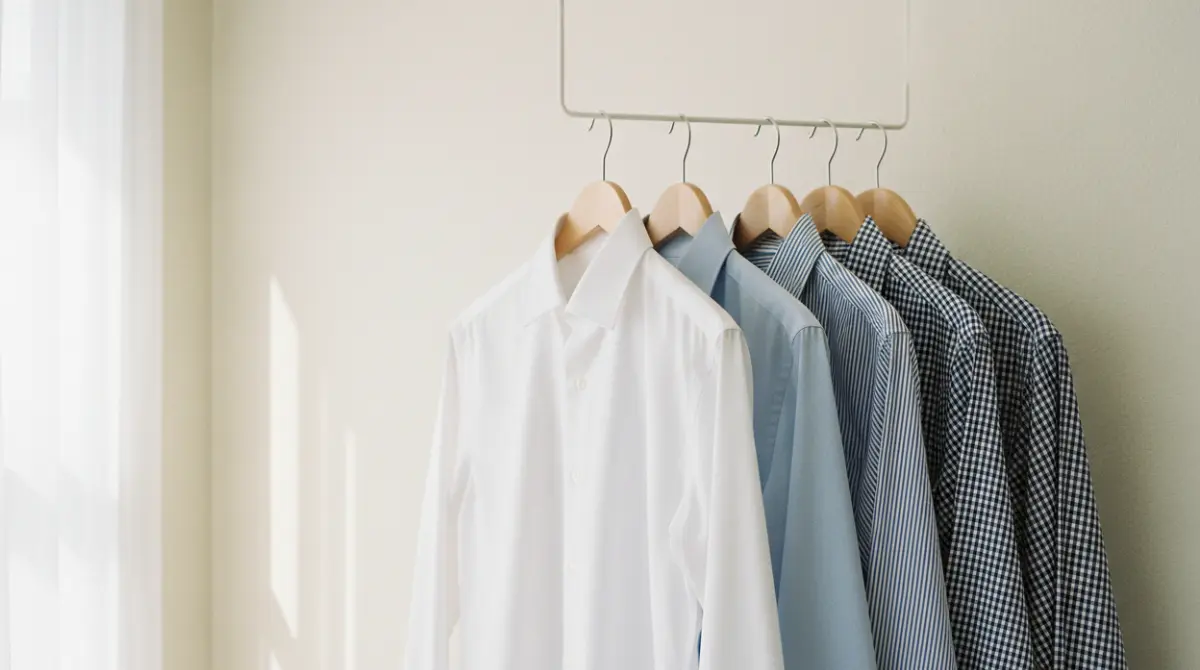 Four dress shirts side by side — white, light blue, thin-striped, and small-checked — arranged on a clean white surface for menswear styling reference