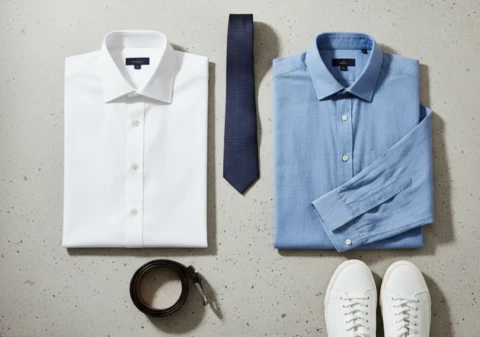 A flat lay editorial showing a crisp white formal dress shirt and a casual chambray shirt side by side with a silk tie and leather belt as styling props