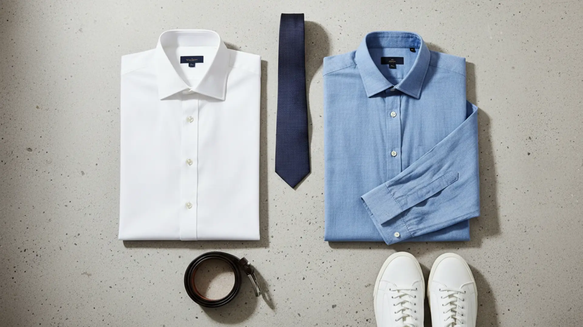 A flat lay editorial showing a crisp white formal dress shirt and a casual chambray shirt side by side with a silk tie and leather belt as styling props