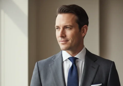 A well-dressed man in a charcoal grey suit, white dress shirt, navy grenadine tie, and white linen pocket square styled in a flat presidential fold