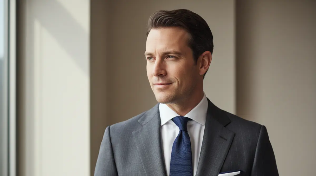 A well-dressed man in a charcoal grey suit, white dress shirt, navy grenadine tie, and white linen pocket square styled in a flat presidential fold