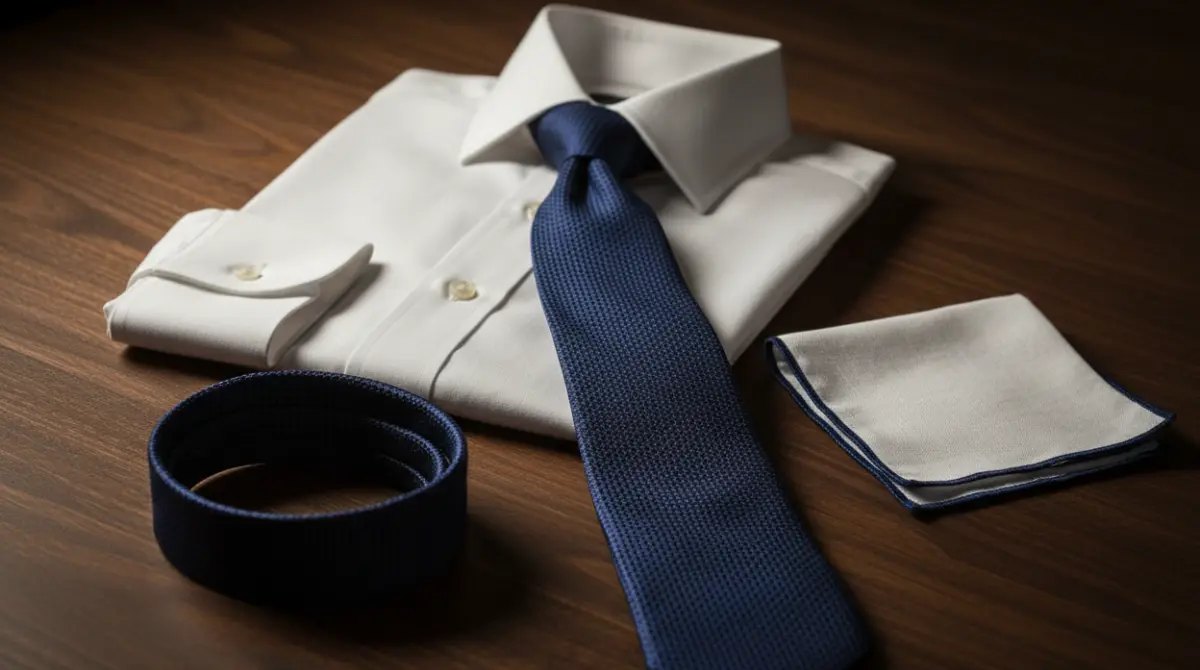 Flatlay of a white dress shirt, navy grenadine tie, and white linen pocket square with navy edge arranged on a grey surface
