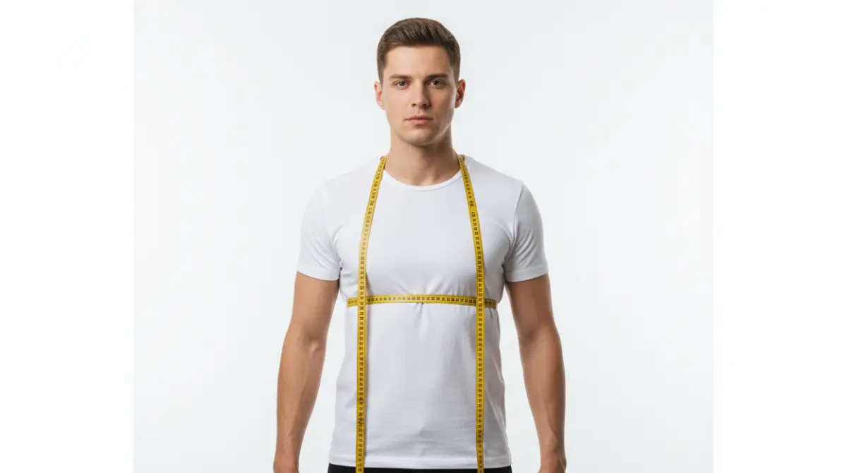 Man standing with a measuring tape wrapped horizontally around the fullest part of his chest, arms relaxed, for an accurate dress shirt chest measurement