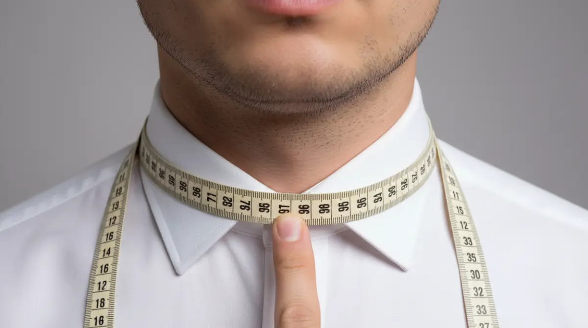 Close-up of a cloth measuring tape wrapped around the base of a man's neck with one finger slipped underneath for correct collar fit