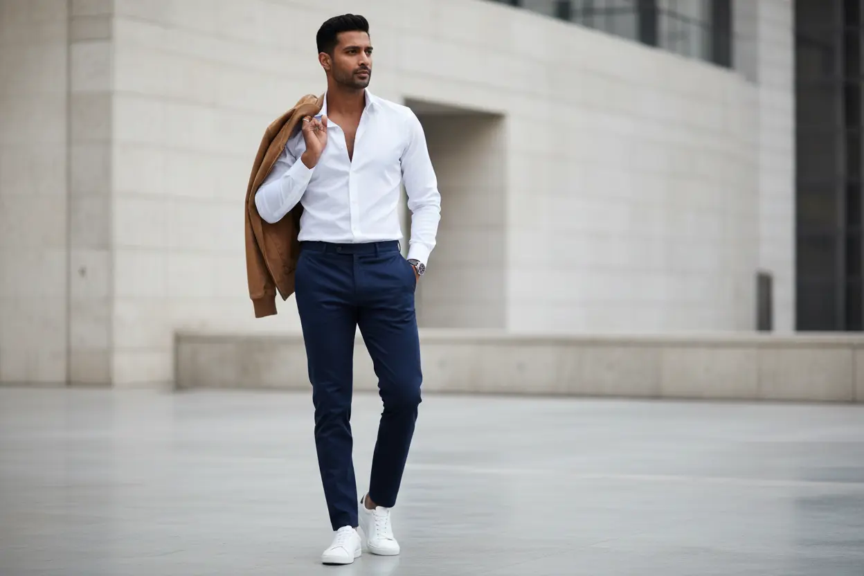 A man wearing an open-collar white formal shirt tucked into dark chinos with white sneakers and a suede jacket, styled casually